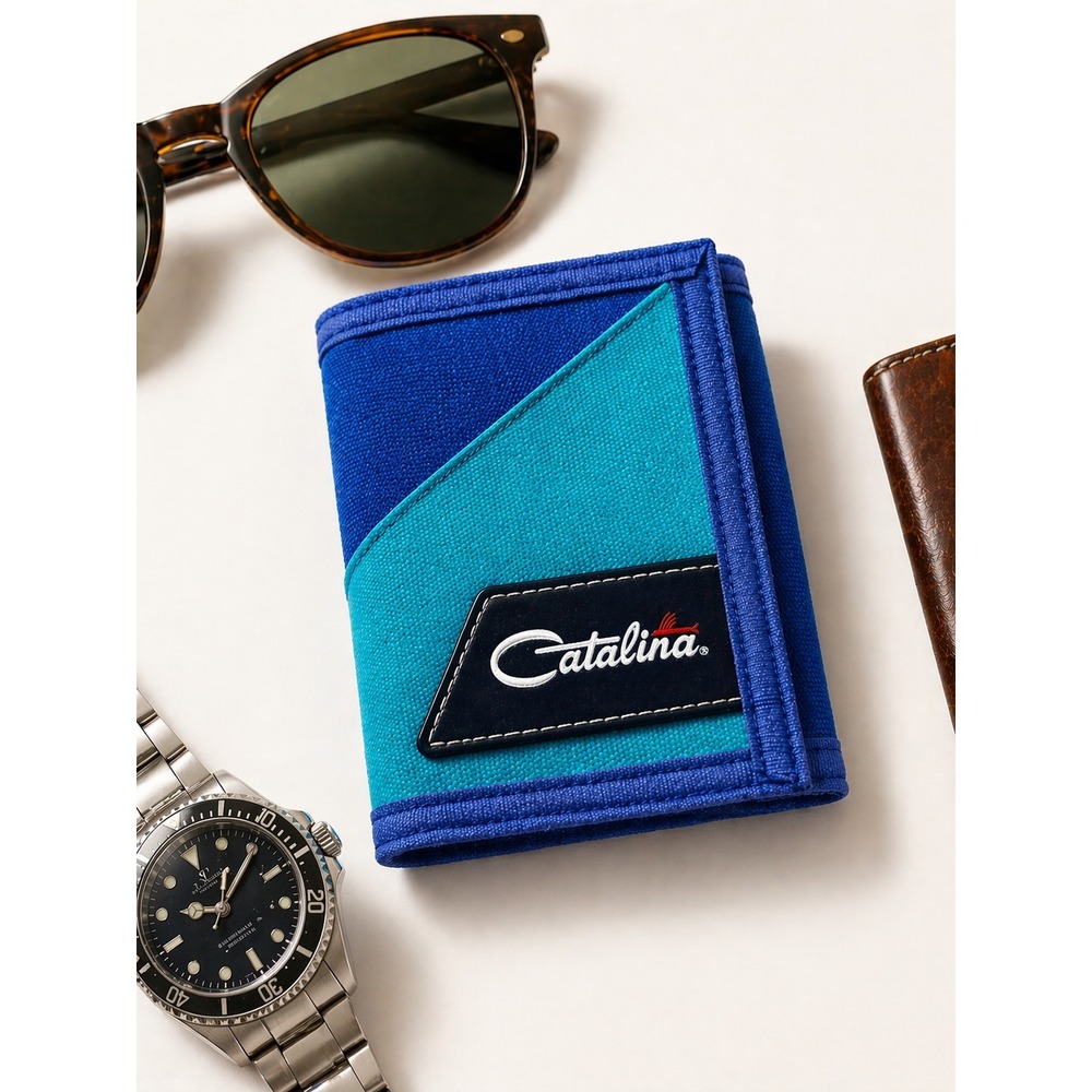 Vintage Catalina Mens Trifold Wallet Blue Teal Nylon Velcro 1990s Retro Striped